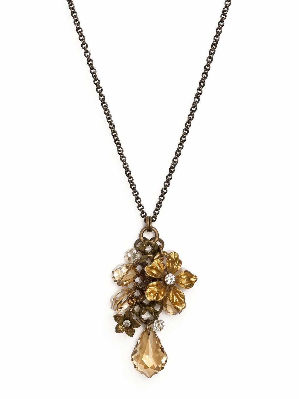 Liz Palacios Floral Drop Pendant Necklace with Amber Swarovski Crystals,NWOT